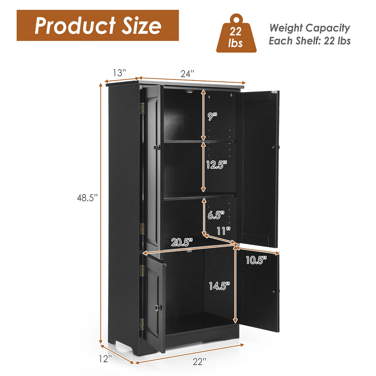 Costway Accent Floor Storage Cabinet W/ Adjustable Shelves Antique 2-Door Black