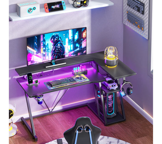Qwatto 40'' Black Gaming Desk Small Space L Shaped Computer Table with Monitor Stand 3 Tier Storage Shelves Carbon Fiber Gamer