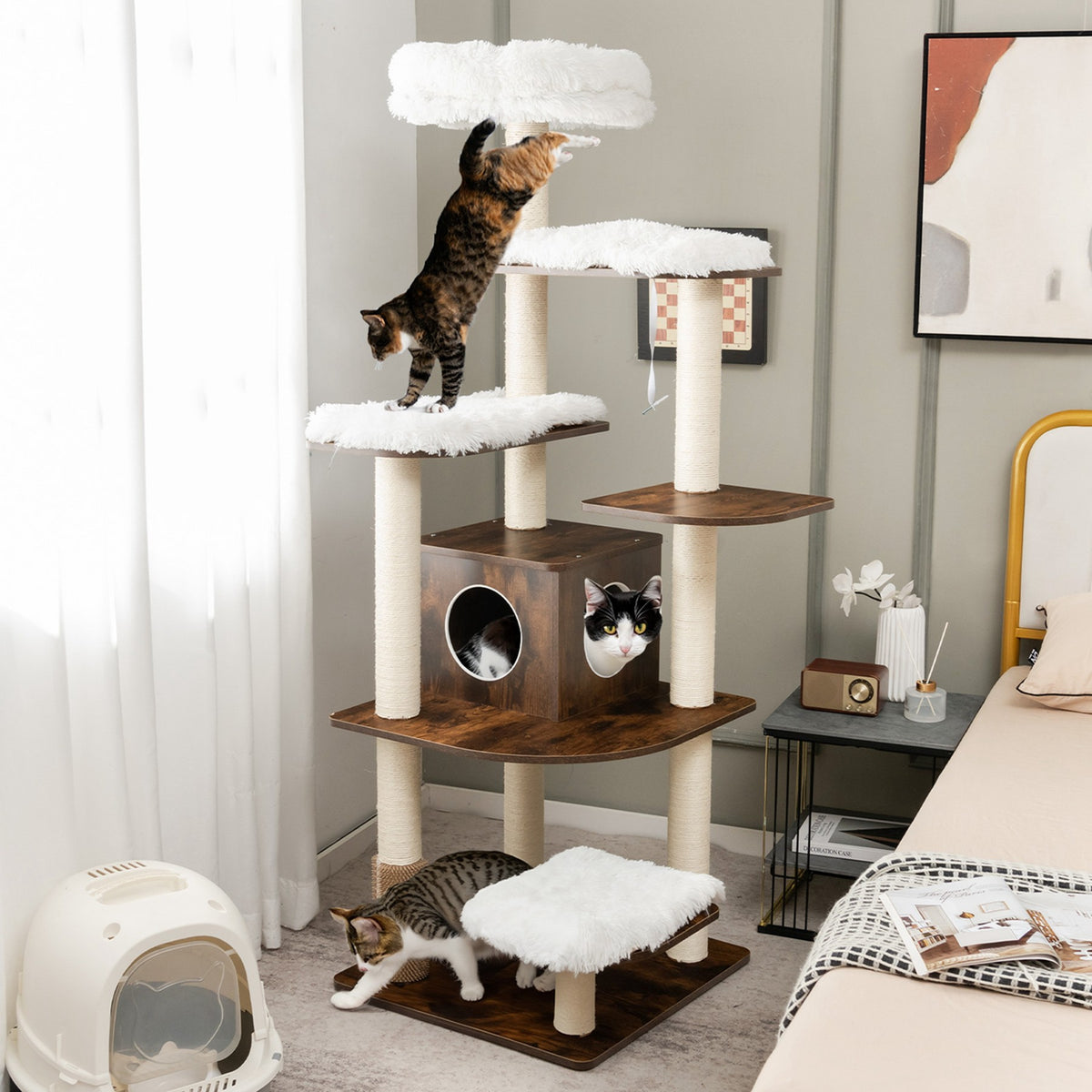 Costway Wooden Cat Tree 71'' 7-Layer Cat Tower with Sisal Scratching Posts Perch & Cushions Brown