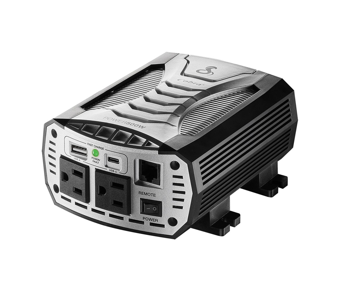Cobra® 2-AC Outlet and 2-USB Port 500-Continuous-Watt Vehicle Power Inverter with 12-Volt Adapter Cord and Battery Power Cables, CPI500W