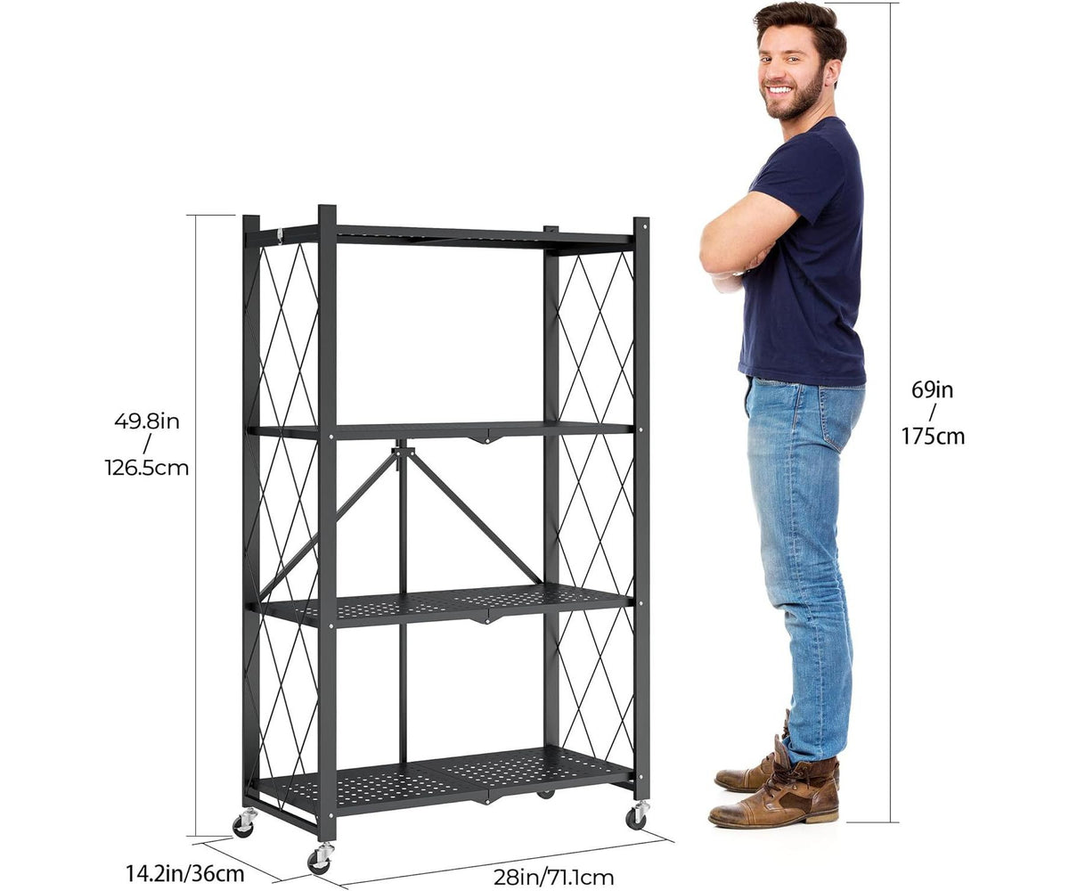 SUGIFT 4 Tier Foldable Metal Storage Shelves with Wheels, Garage Shelving Rack, No Assembly