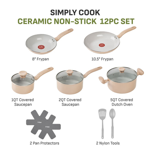 T-Fal 12pc Simply Cook Ceramic Cookware Set Beige: Nonstick Pots & Pans, Tempered Glass Lids, Ergonomic Handles