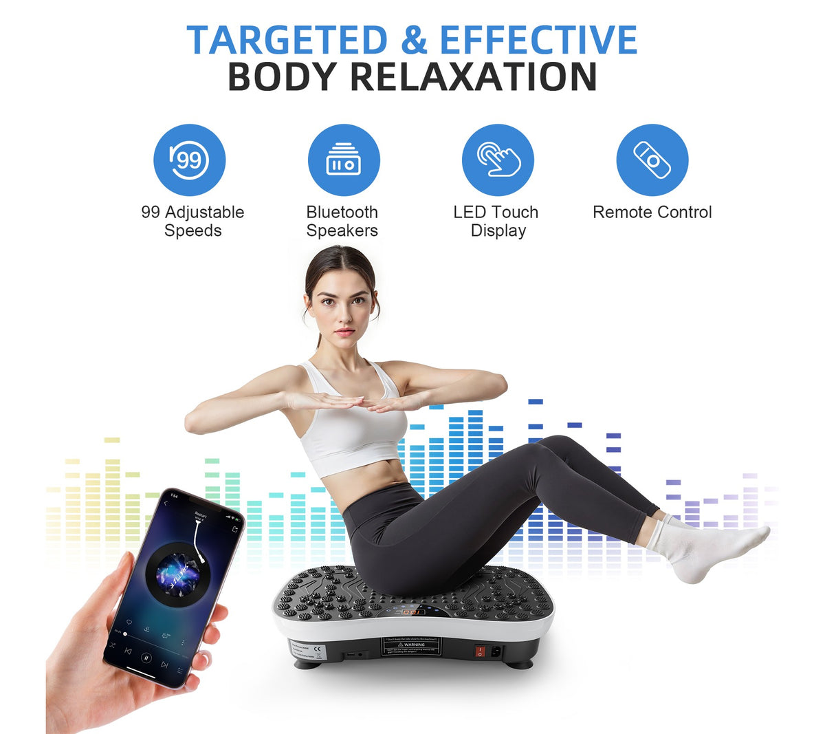 Vibration Plate Exercise Machine Whole Body Workout Fitness Platform with 99 Speed Levels Resistance Bands Bluetooth Speaker Remote Control