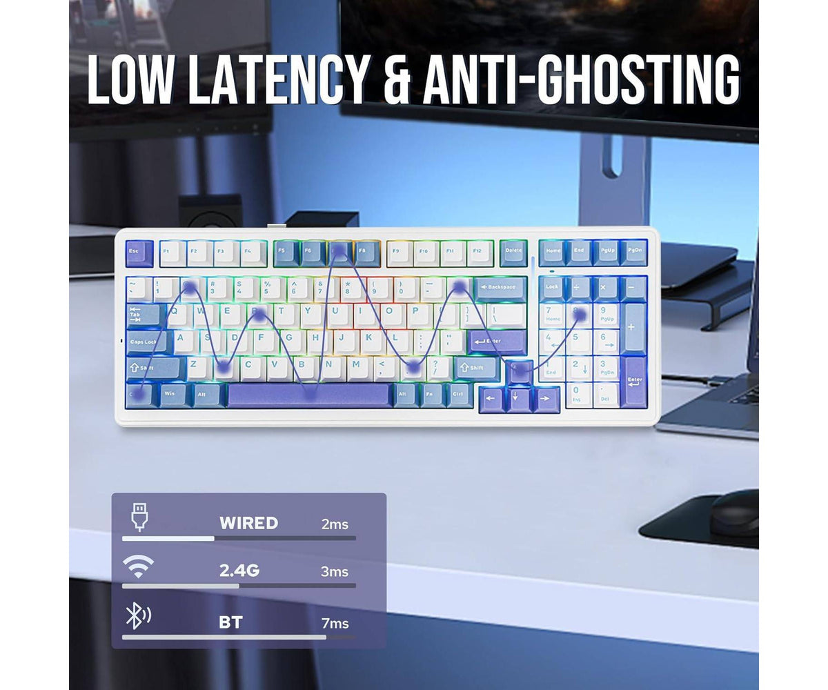AULA F99 96% Layout Wireless Mechanical Gaming Keyboard, Hot Swappable Lubed Switches, TriMode, Backlit - Blue White