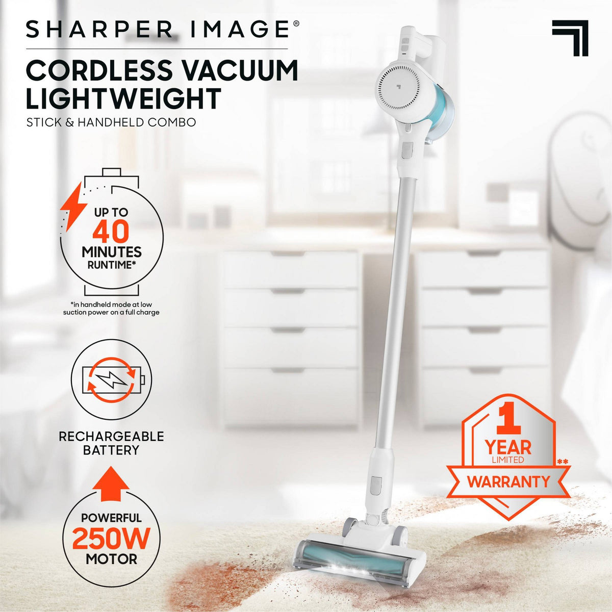 Sharper Image Cordless Vacuum Lightweight Stick and Handheld Combo White
