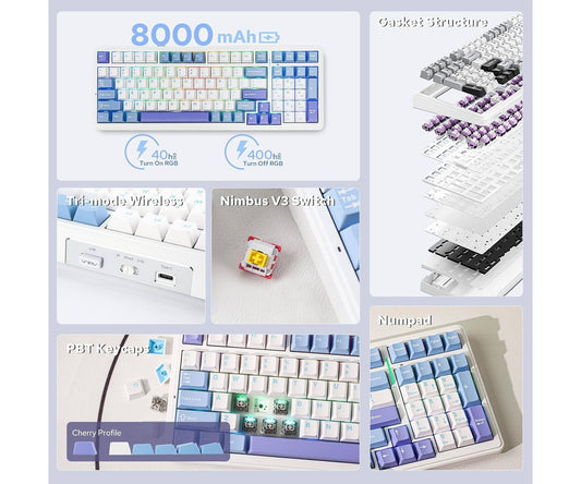 AULA F99 96% Layout Wireless Mechanical Gaming Keyboard, Hot Swappable Lubed Switches, TriMode, Backlit - Blue White