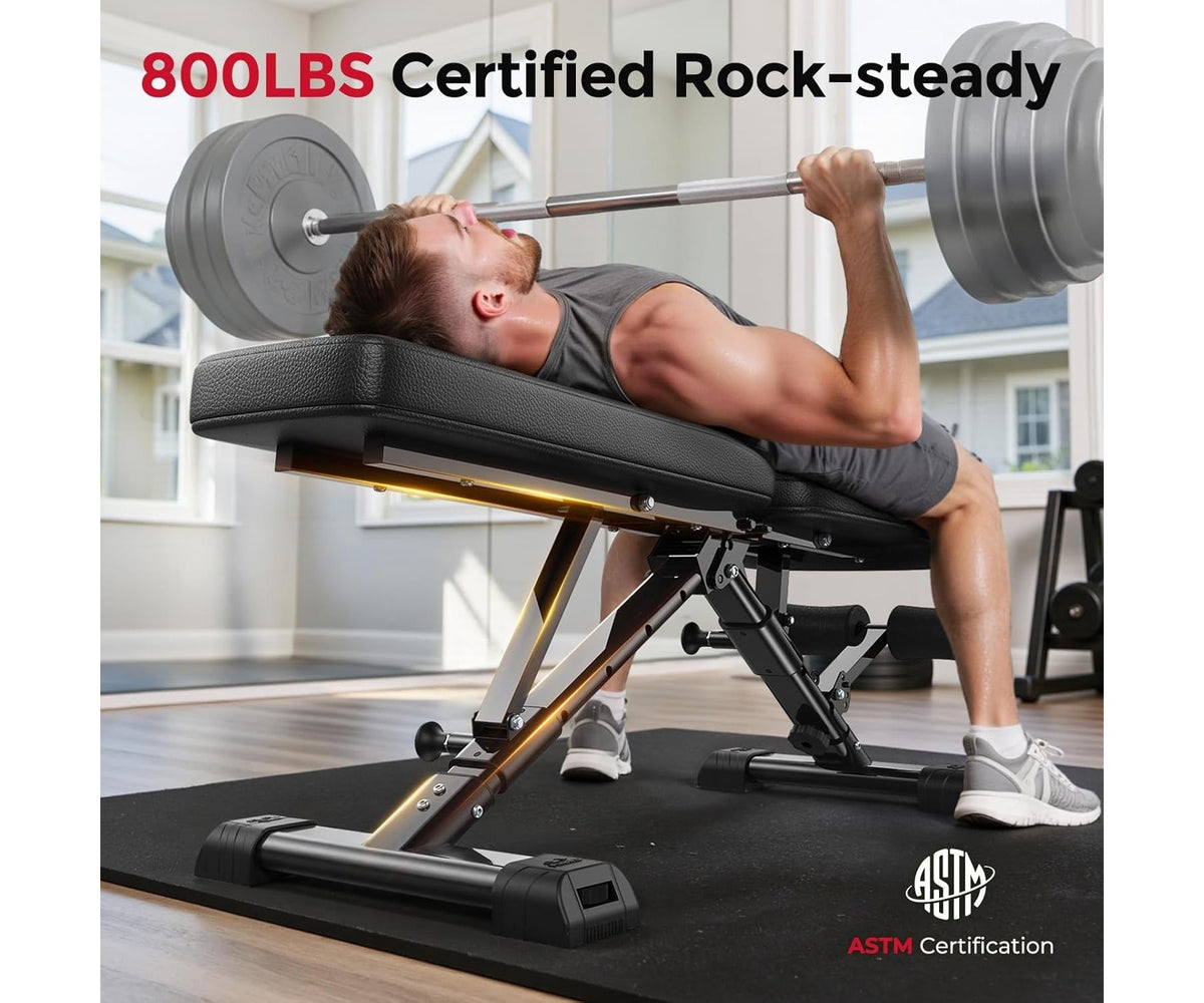 FLYBIRD 90° to -30° FID Adjustable Weight Bench, ASTM-Certified 800LBS Foldable Strength Training Bench for Full Body Workout with Fast Folding