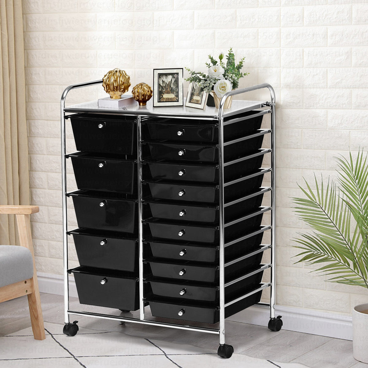 Costway 15 Drawer Art & Craft Rolling Storage Cart Tools Scrapbook Paper Office School Organizer Black
