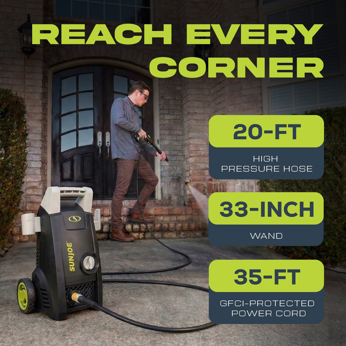 Sun Joe Electric Pressure Washer with Powerful Motor for Cars/Fences/Patios/All Uses, Brushes, Adjustable Wand & Total Stop System, 20ft Hose, SPX1000