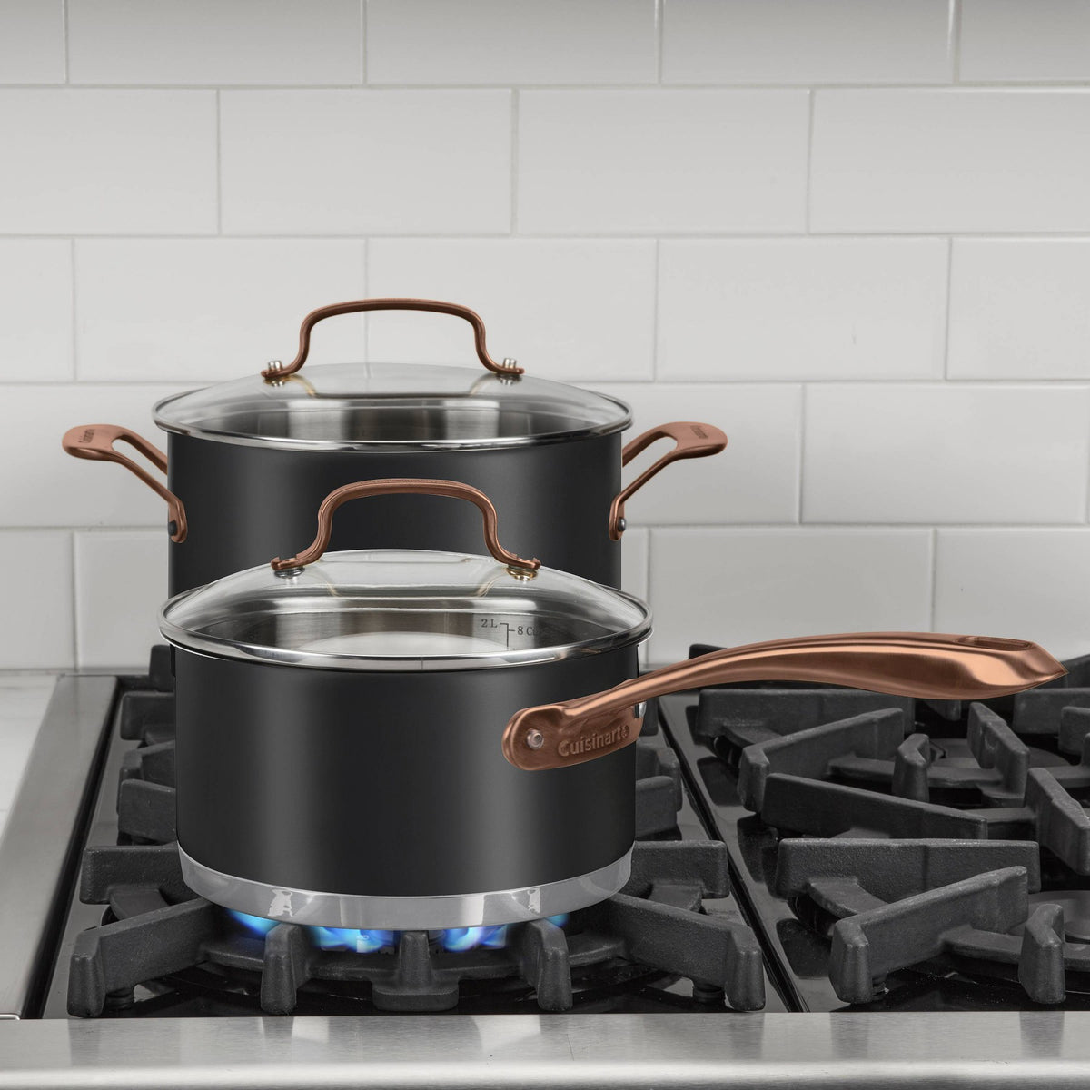 Cuisinart 8pc Classic Matte Stainless Steel Cookware Set Black Blush Bronze Handles: Dishwasher-Safe, Tempered Glass Lids