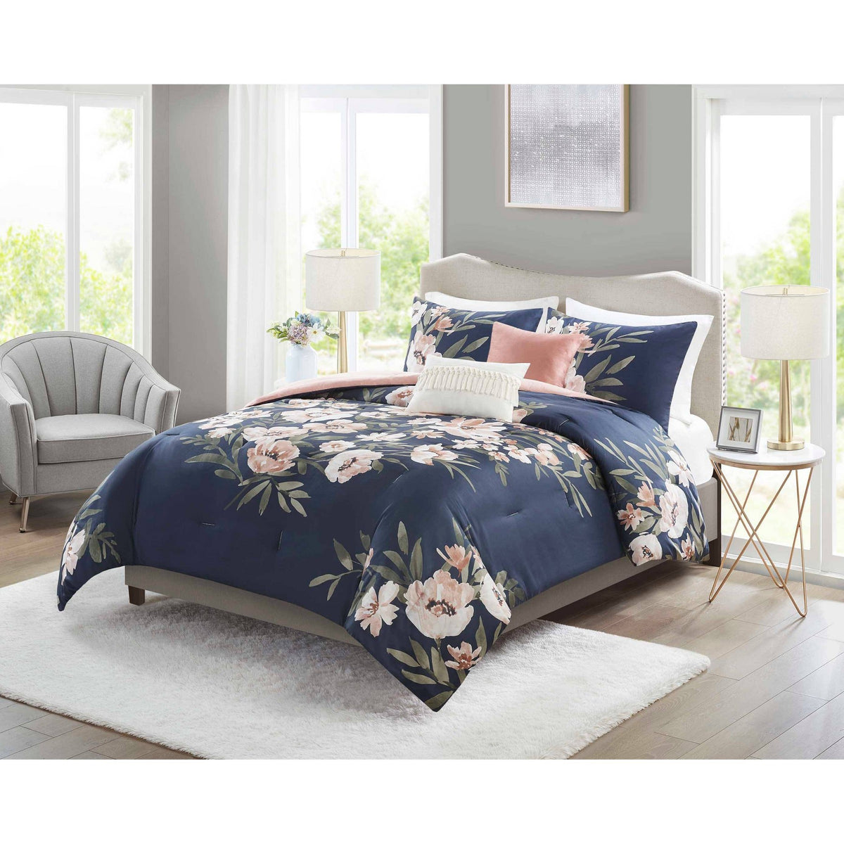 4pc Twin/Twin Extra Long Leilani Floral Print Comforter Bedding Set - Navy/Blush: OEKO-TEX Certified, Includes Decorative Pillows