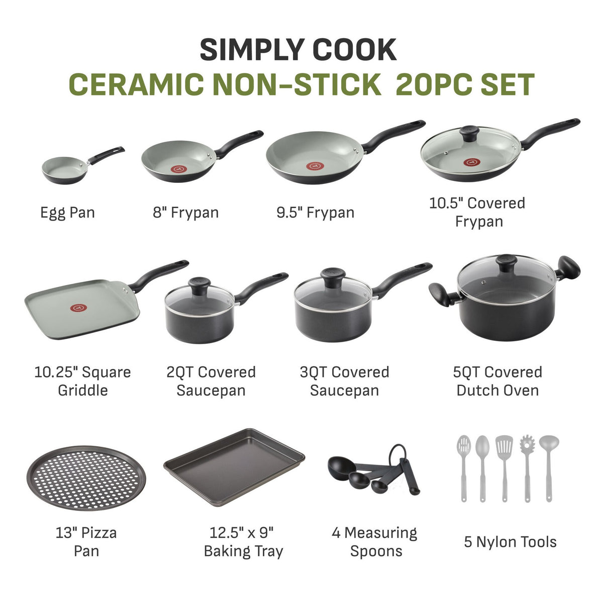 T-Fal Simply Cook 20pc Ceramic Nonstick Cookware Set Black