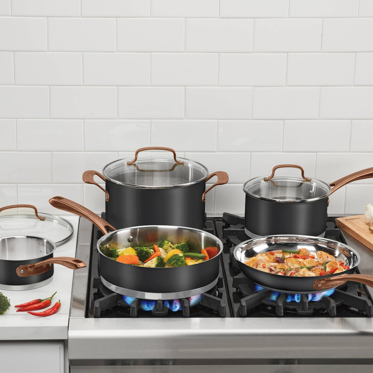 Cuisinart 8pc Classic Matte Stainless Steel Cookware Set Black Blush Bronze Handles: Dishwasher-Safe, Tempered Glass Lids