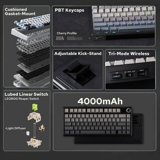 AULA F75 Max 75% Wireless Mechanical Creamy Gaming Keyboard, TFT Screen, 4000mAh, Hot Swappable Switches, RGB, Tri-Mode - Black Gradient