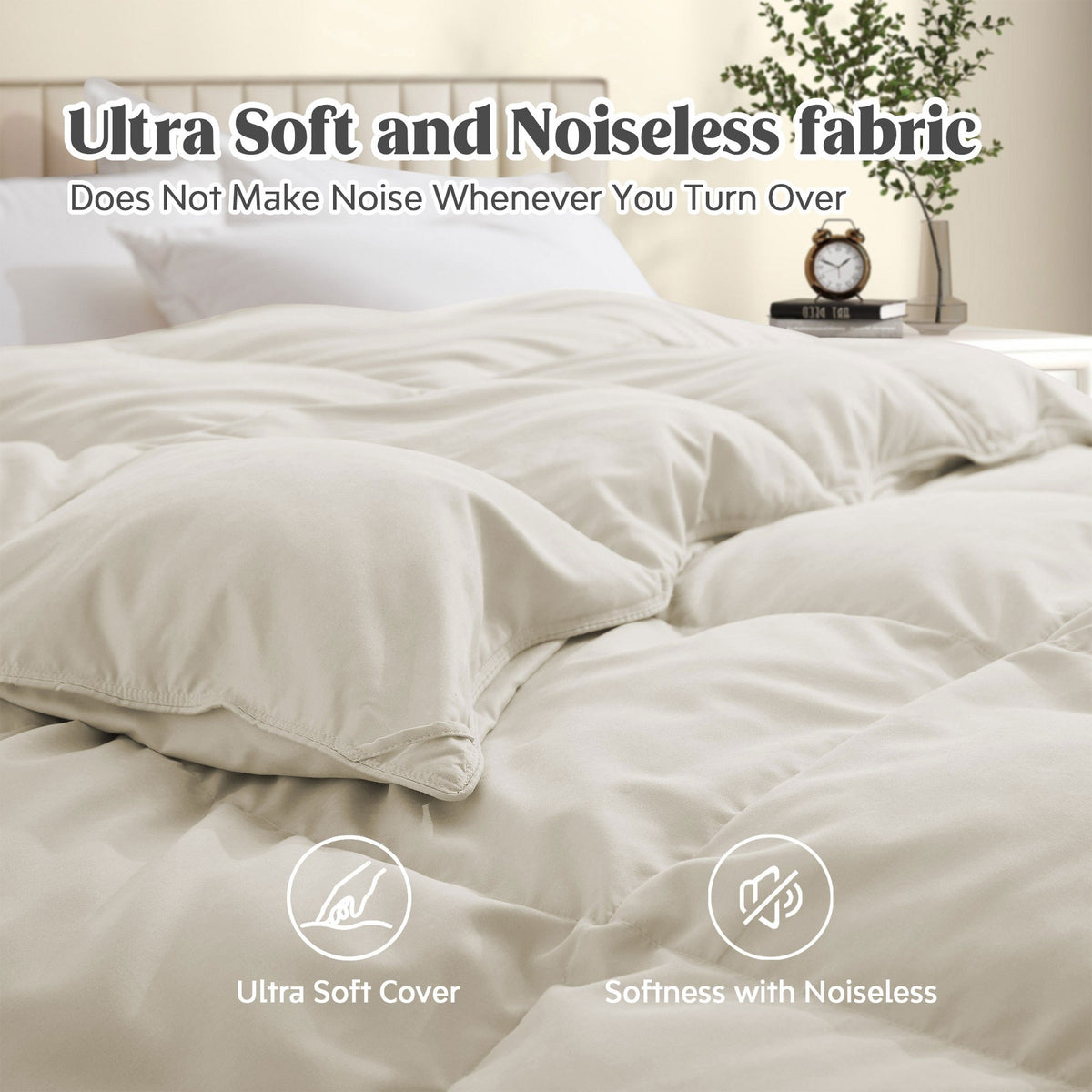 Peace Nest Ultra Soft Noiseless Down Comforter, Natural All Season Duvet Insert, Beige, Full/Queen, 88x88"
