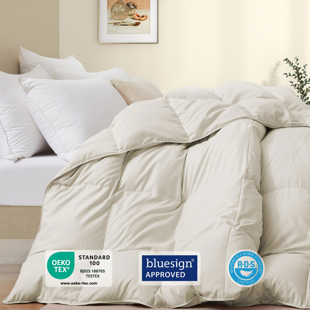 Peace Nest Ultra Soft Noiseless Down Comforter, Natural All Season Duvet Insert, Beige, Full/Queen, 88x88"