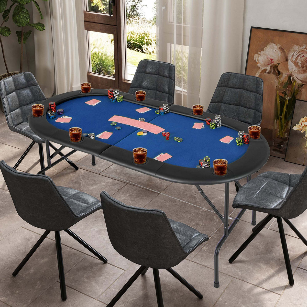 Costway 8 Players Poker Table with 8 Cup Holders & Comfy Armrests Smooth Felt Surface