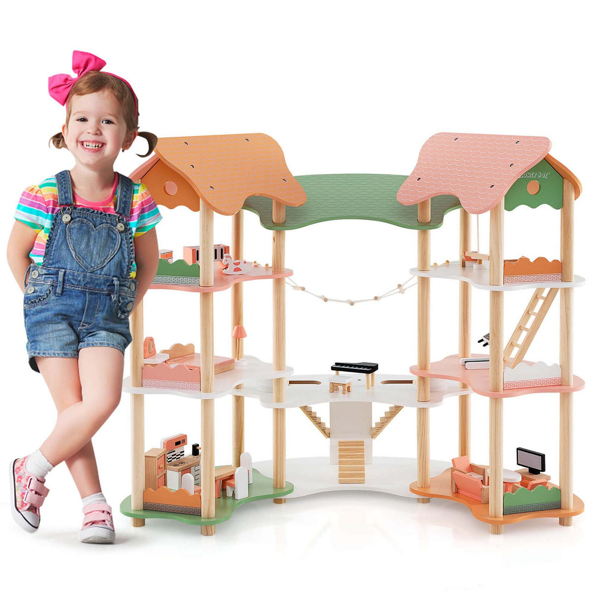 Costway Kids Wooden Dollhouse Aged 3-8 Years Old with 32PCS Realistic Furniture Accessories