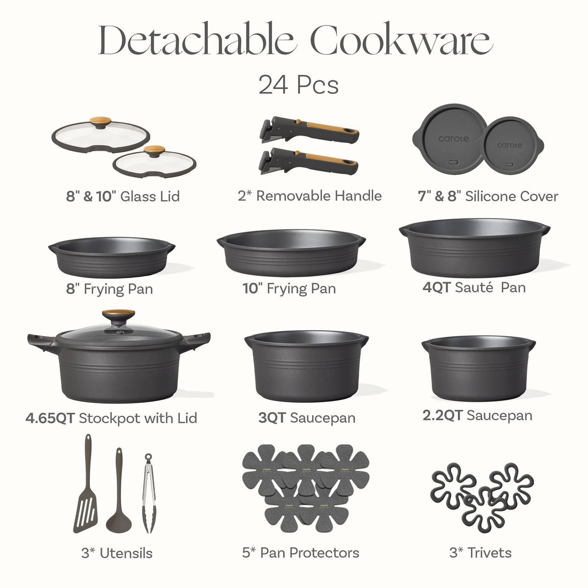 Carote 24pc Nonstick Cookware Set with Detachable Handle Black
