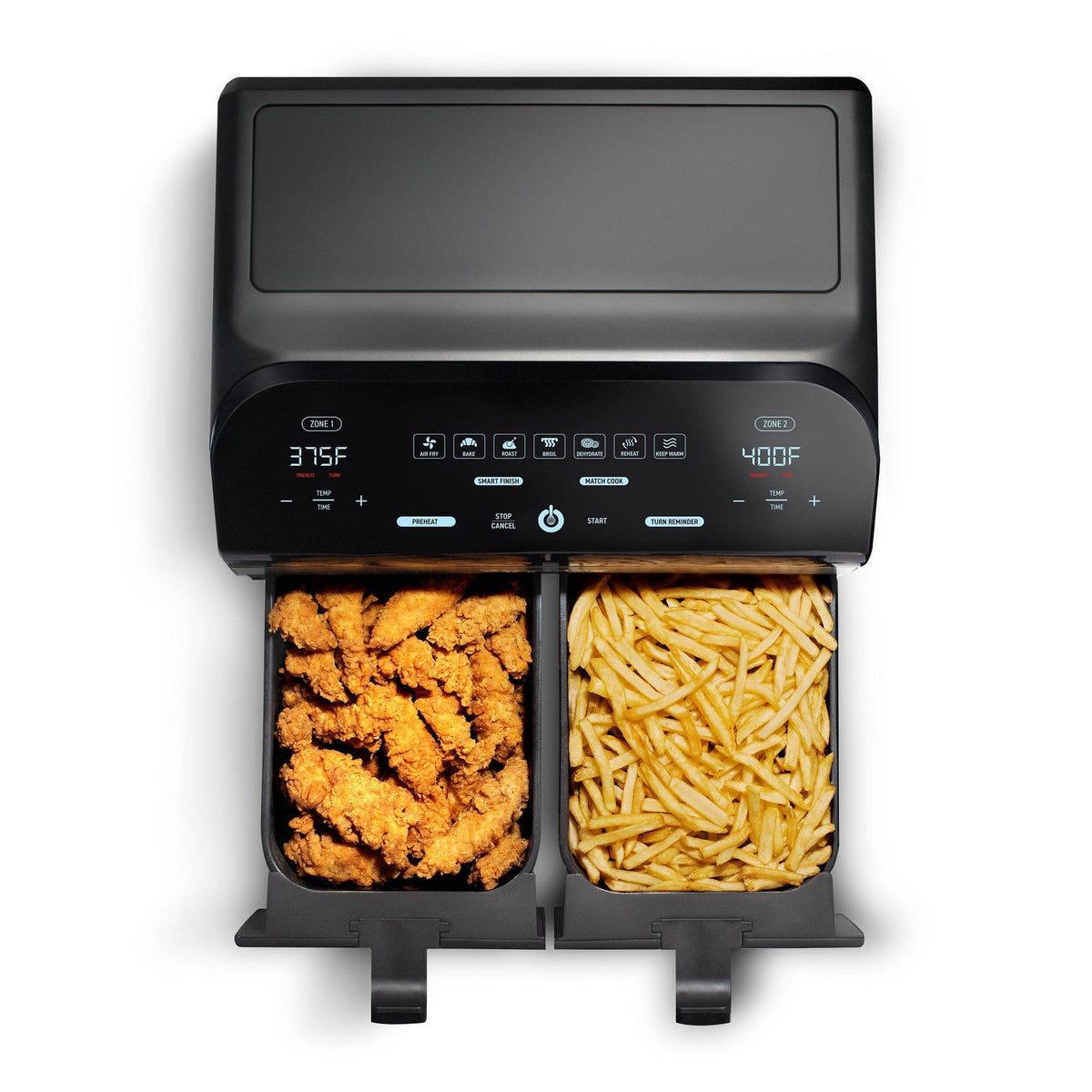 Gourmia 10-Qt. Dual Basket Digital Air Fryer with Smart Finish & Match Cook Black Stainless Steel: 1-Year Warranty, Dishwasher-Safe Parts