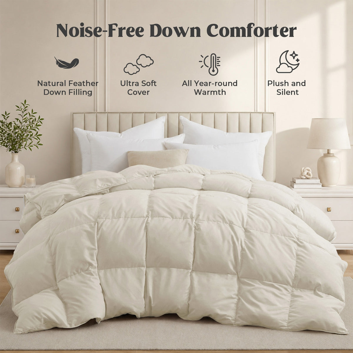 Peace Nest Ultra Soft Noiseless Down Comforter, Natural All Season Duvet Insert, Beige, Full/Queen, 88x88"