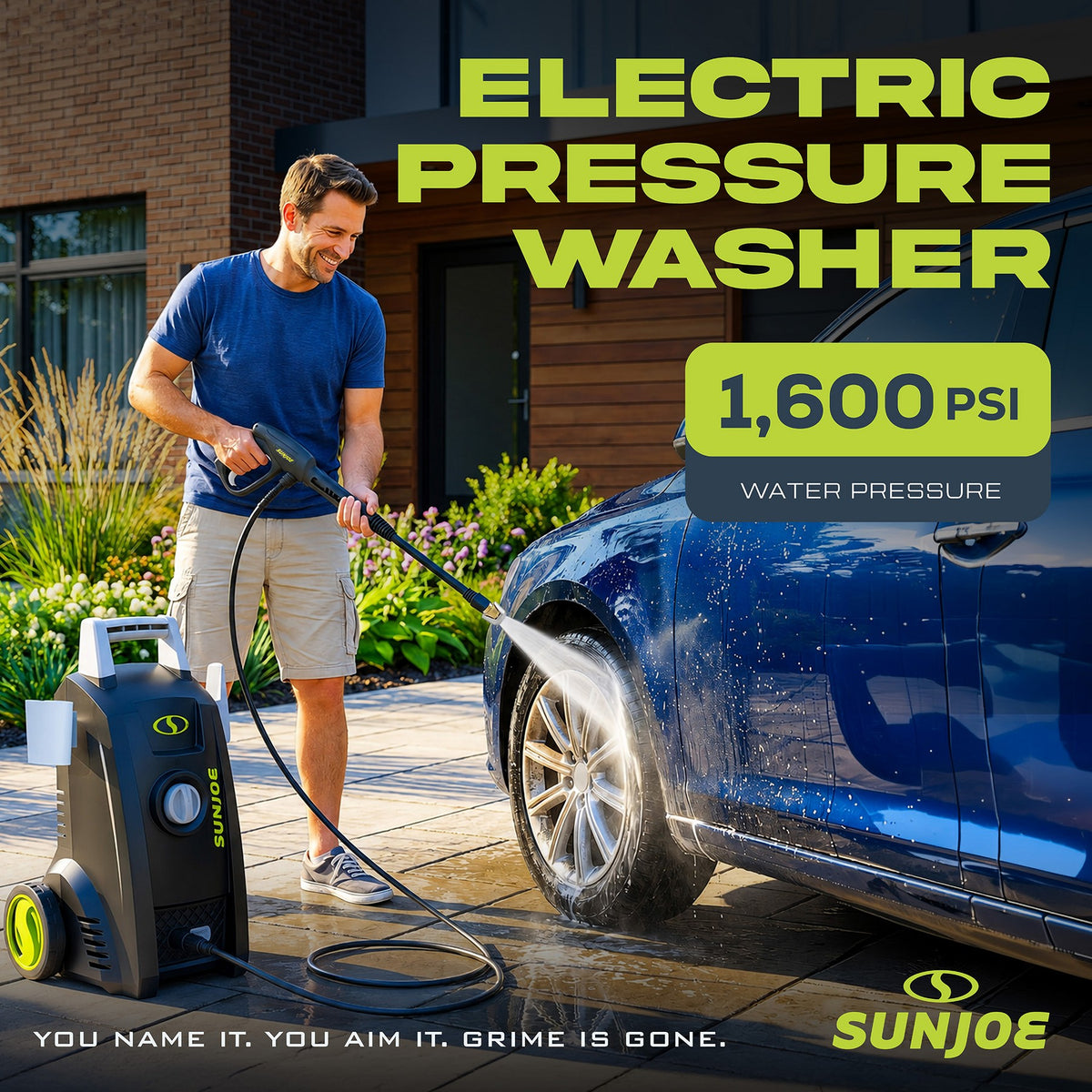 Sun Joe Electric Pressure Washer with Powerful Motor for Cars/Fences/Patios/All Uses, Brushes, Adjustable Wand & Total Stop System, 20ft Hose, SPX1000