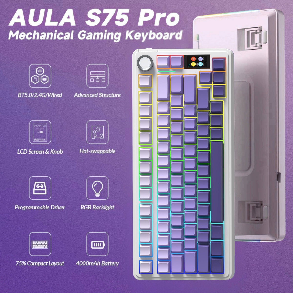 AULA S75Pro 75% Wireless Mechanical Gaming Keyboard TFT Screen Tri Connect Creamy HotSwap RGB - Purple