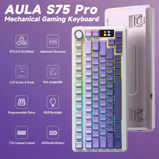 AULA S75Pro 75% Wireless Mechanical Gaming Keyboard TFT Screen Tri Connect Creamy HotSwap RGB - Purple