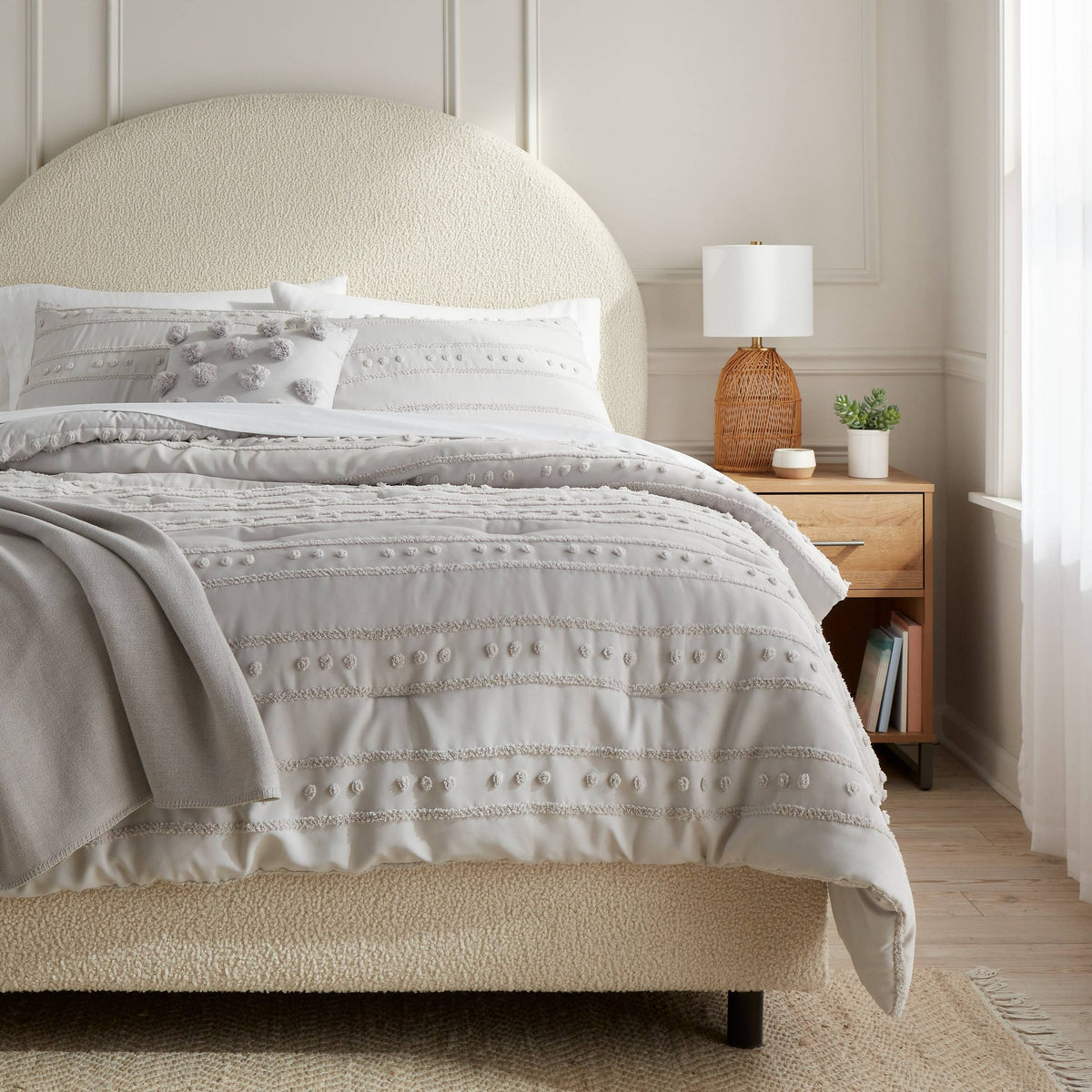 8pc Queen Clipped Stripe Poms Comforter and Sheet Set Gray - Threshold™