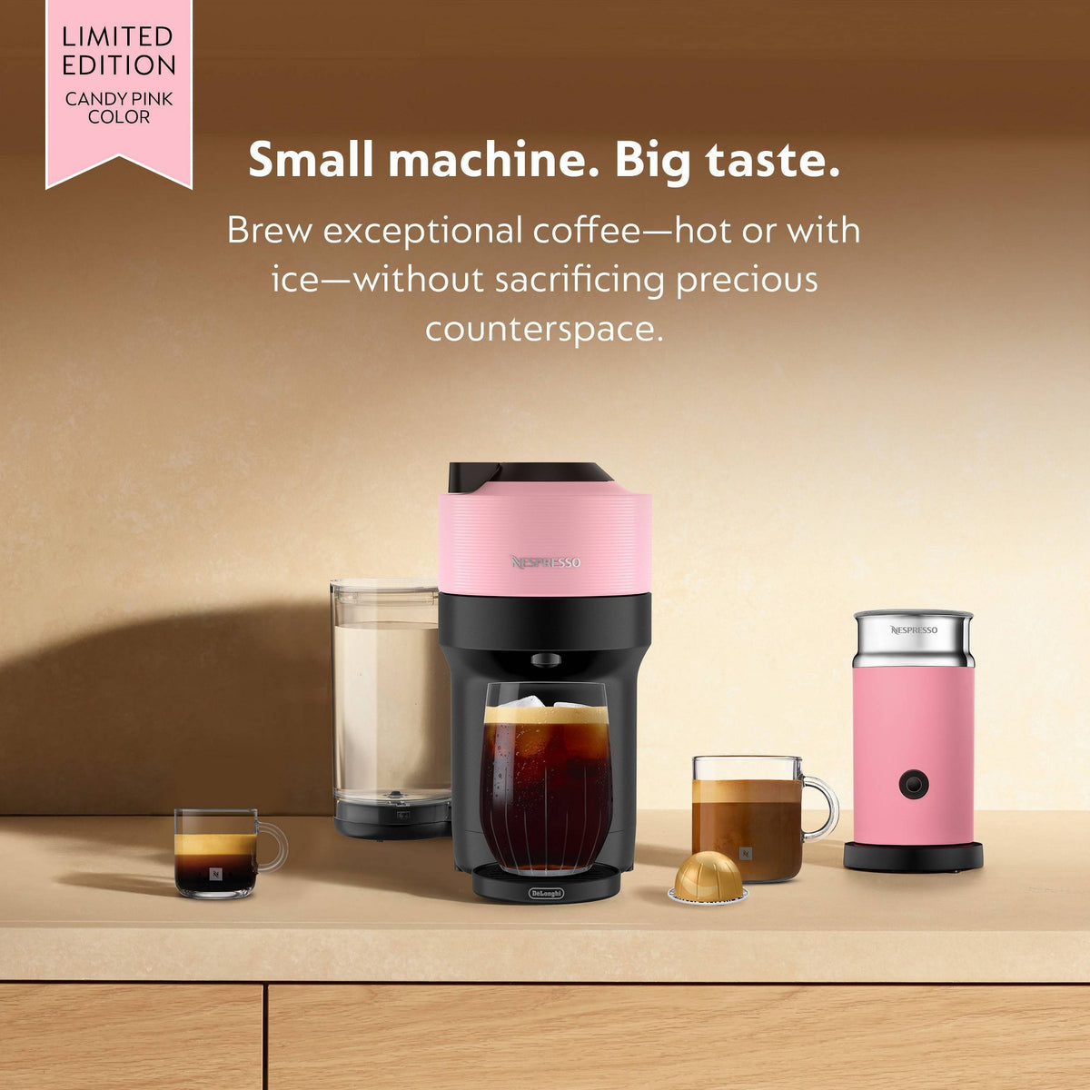 Nespresso Limited Edition Pop+ Pink Coffee and Espresso Machine with Pink Milk Frother by De'Longhi