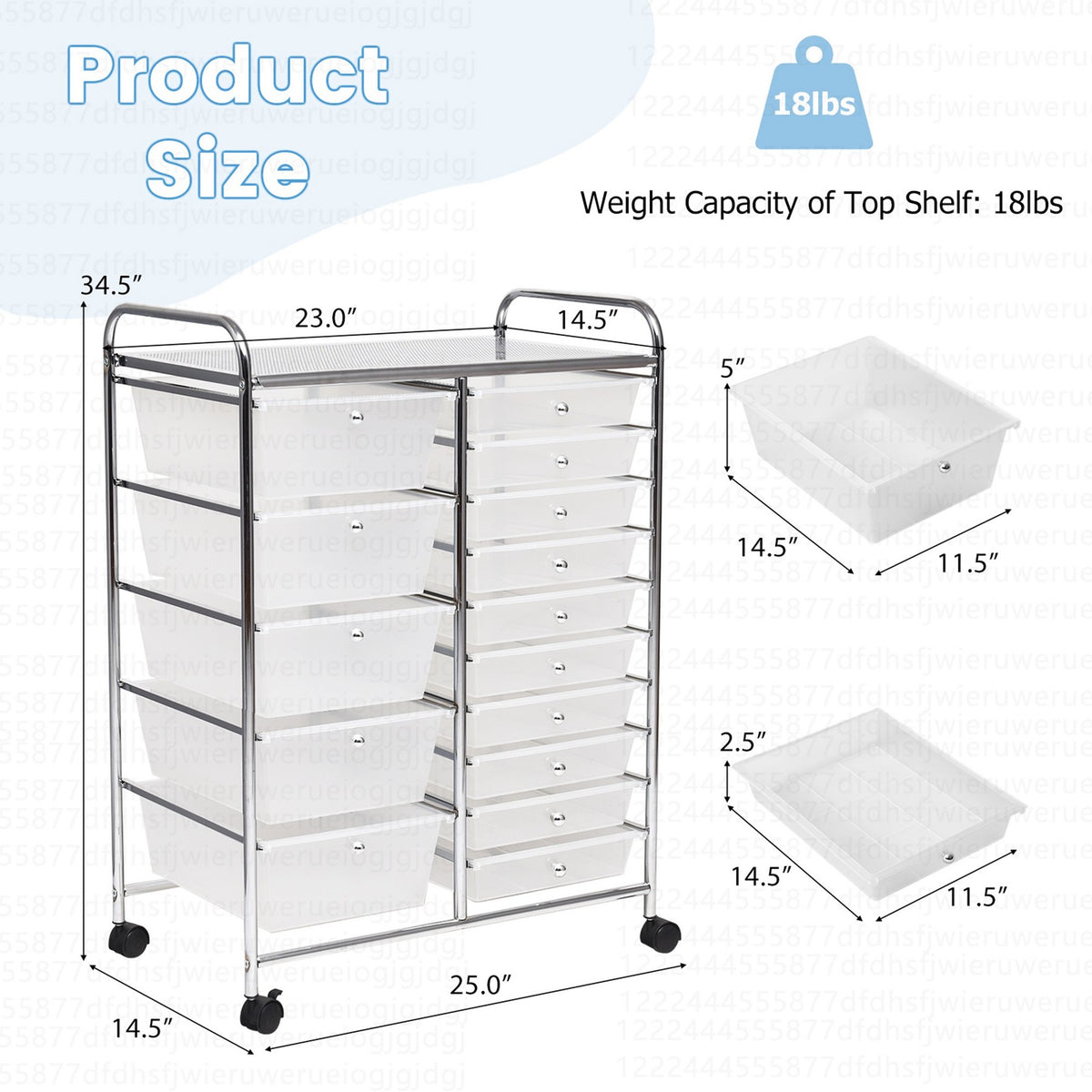 Costway 15 Drawer Art & Craft Rolling Storage Cart Tools Scrapbook Paper Office School Organizer Clear