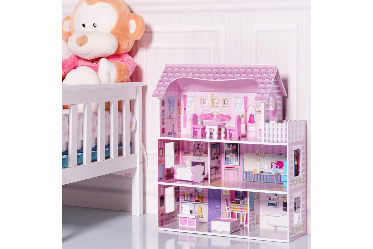 Costway 28'' Pink Dollhouse w/ Furniture and Play Accessories for Girls