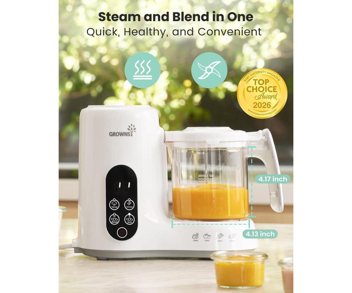 Grownsy Baby Food Maker, Steamer & Blender, BPA-Free Elevated Steam Basket, Healthy Homemade Purees, Starting Solids & BLW, 6+ Months