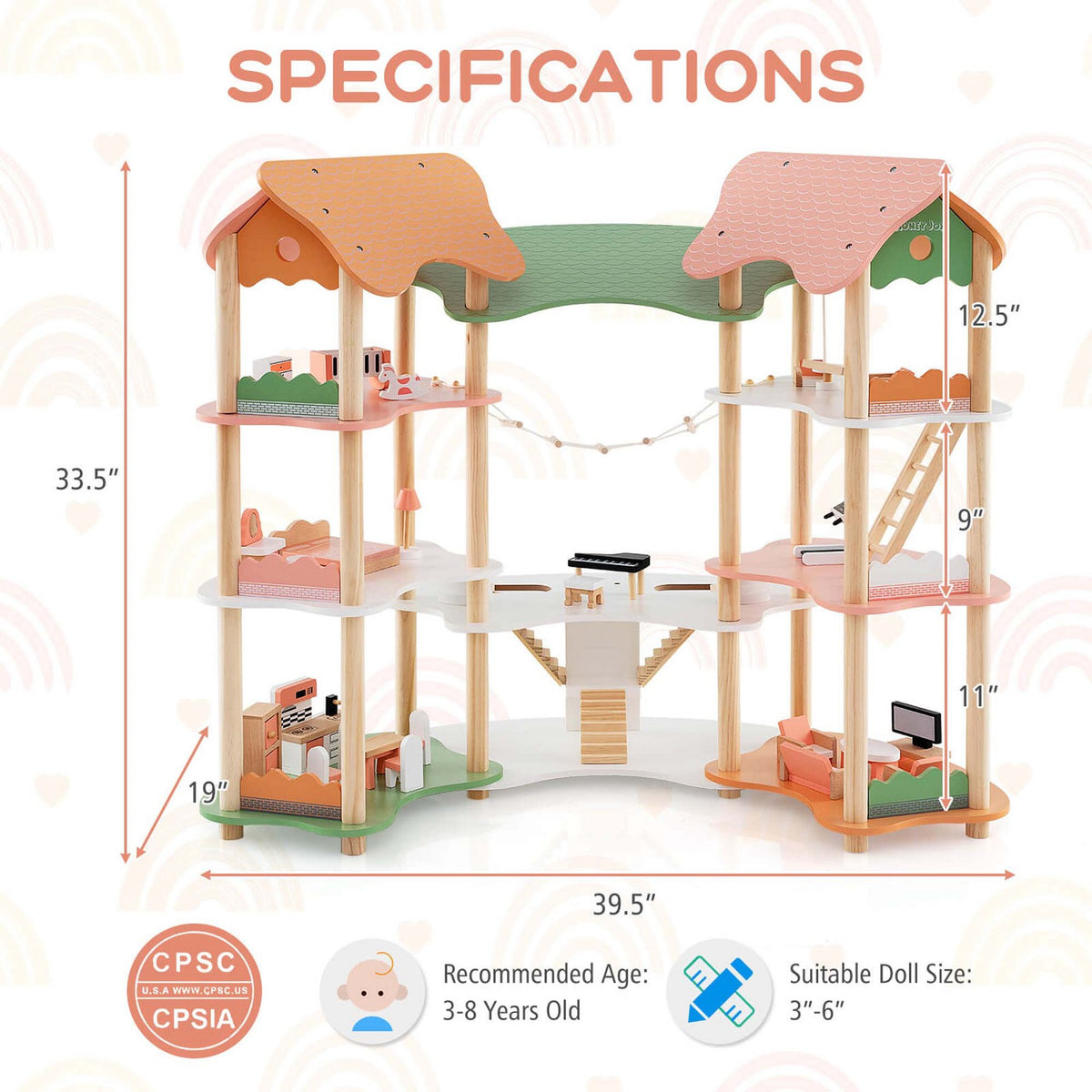 Costway Kids Wooden Dollhouse Aged 3-8 Years Old with 32PCS Realistic Furniture Accessories