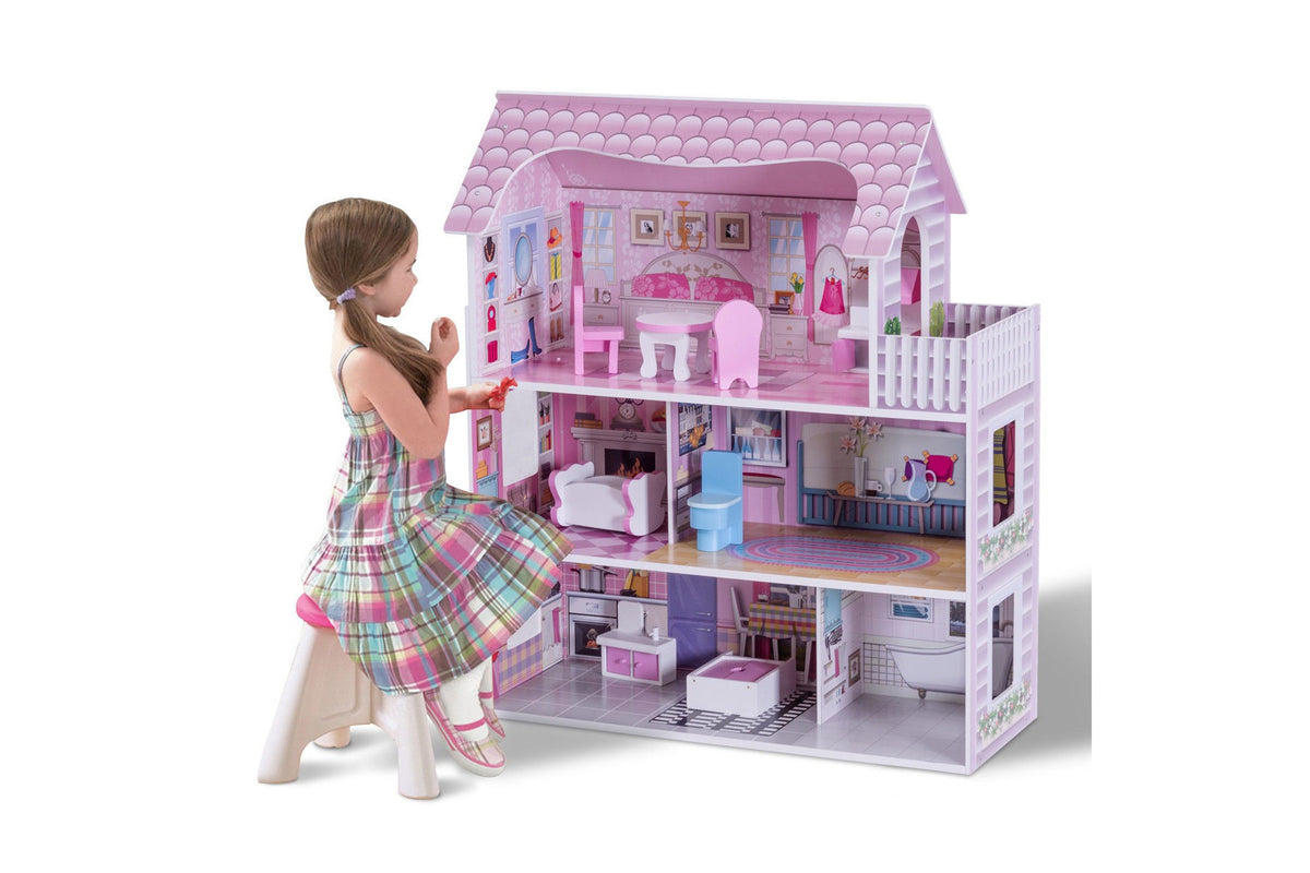 Costway 28'' Pink Dollhouse w/ Furniture and Play Accessories for Girls