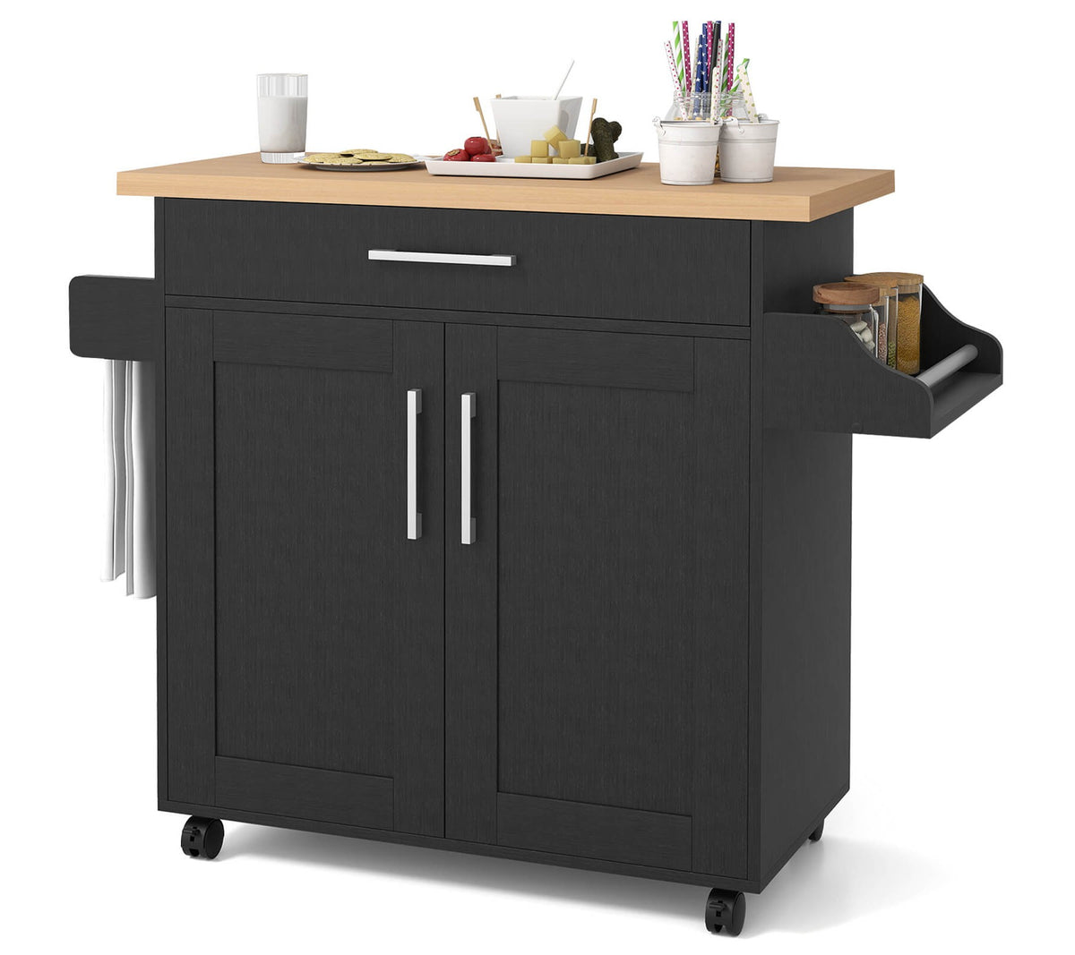 Costway 44" Rolling Kitchen Cart with Drawer Adjustable Shelf Spice Rack Towel Holder Black