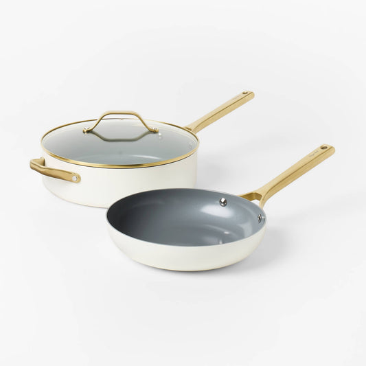 7pc Nonstick Ceramic Coated Aluminum Cookware Set with Champagne Handles Cream - Figmint™