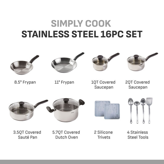 T-Fal Simply Cook 16pc Stainless Steel Cookware Set