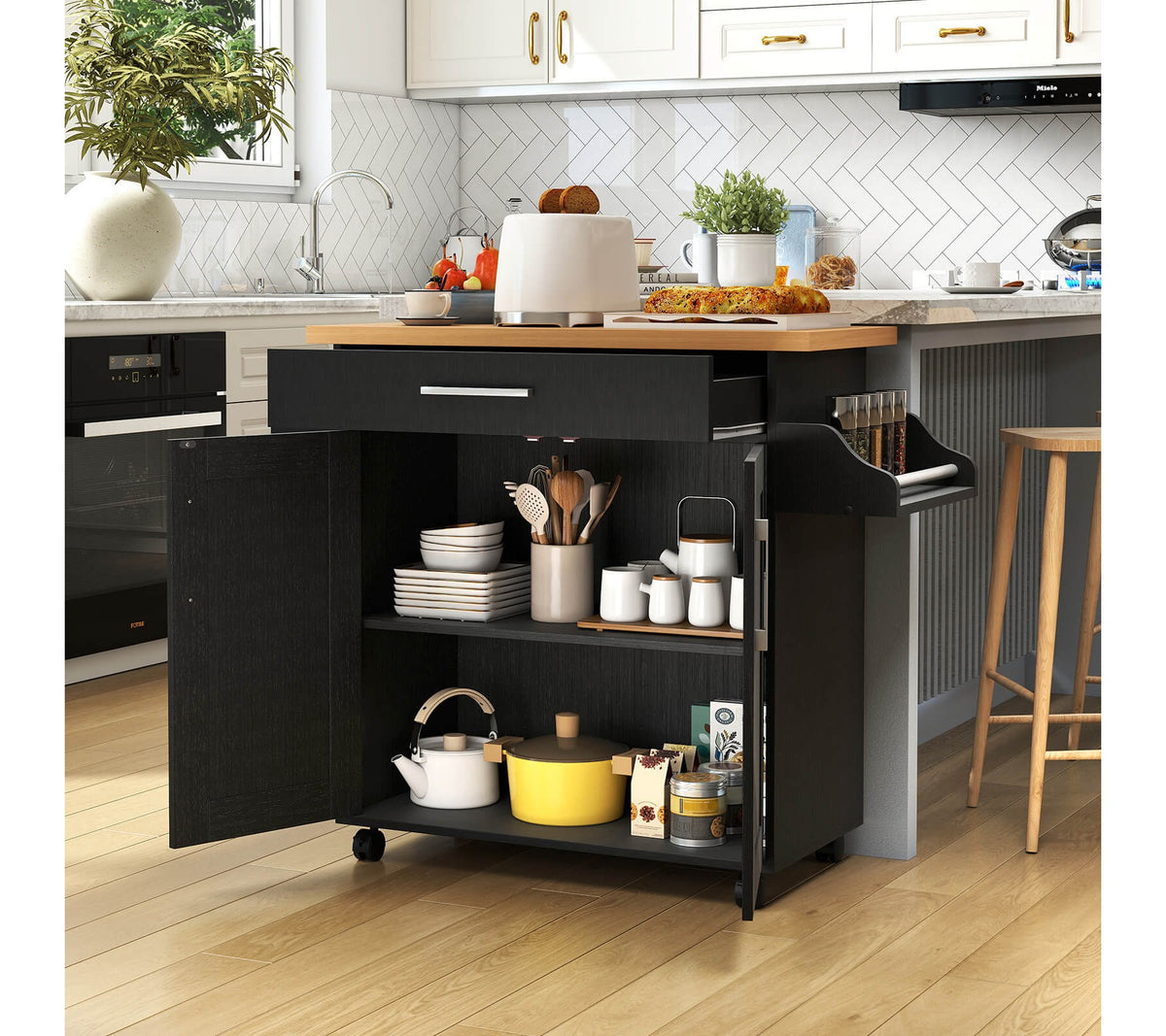 Costway 44" Rolling Kitchen Cart with Drawer Adjustable Shelf Spice Rack Towel Holder Black