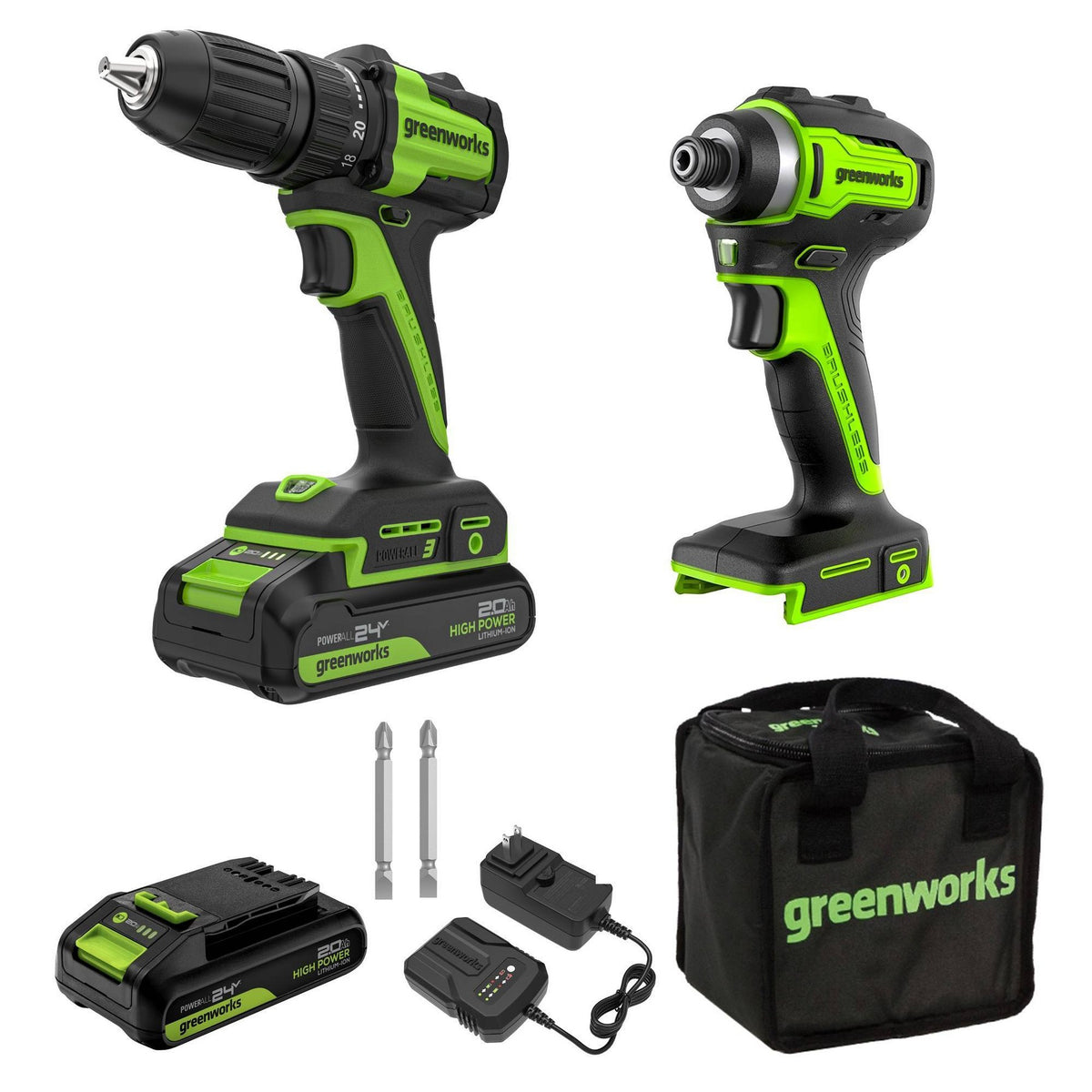 Greenworks POWERALL 24V Cordless Brushless Drill/Impact Driver with 2 Batteries of 2.0Ah and Charger