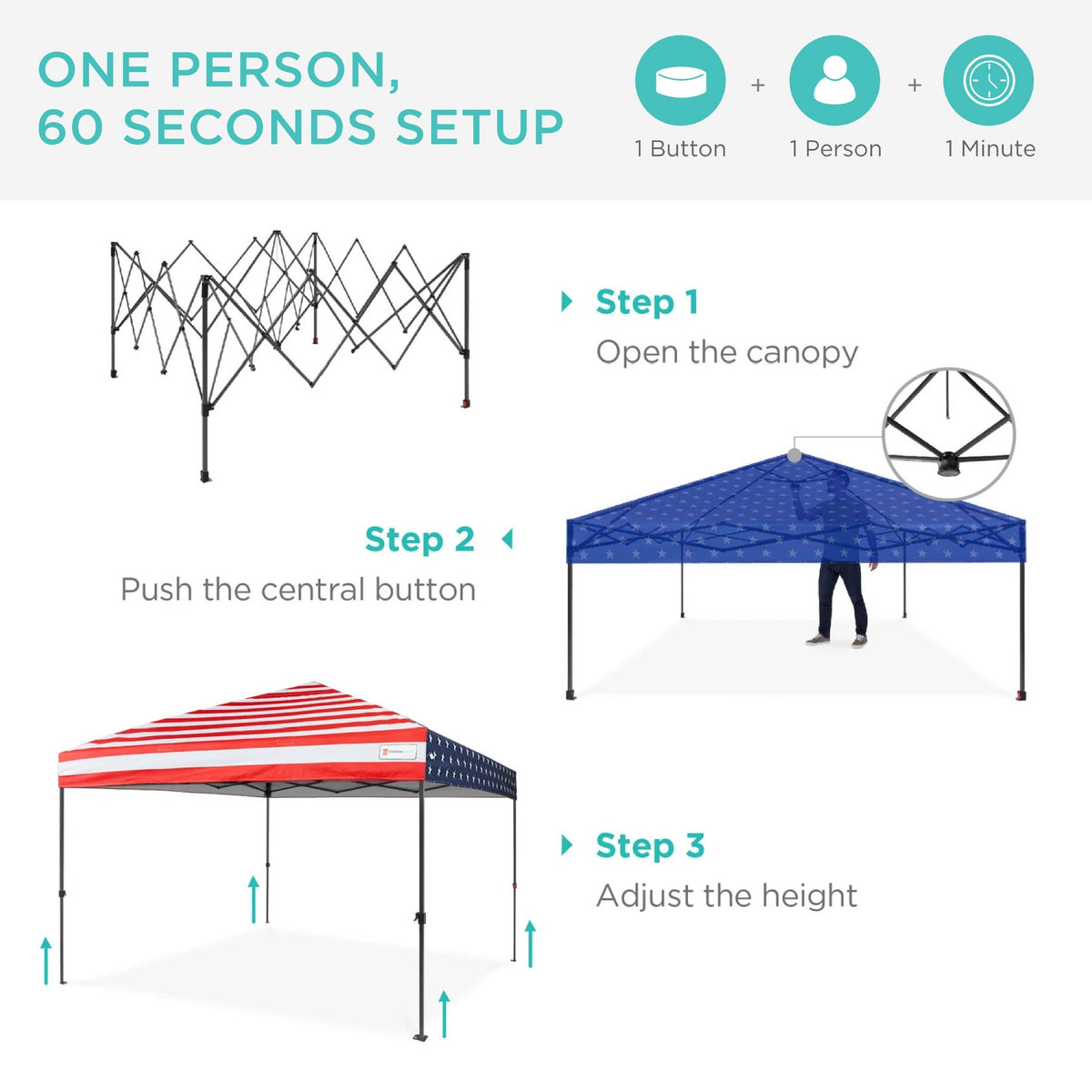 Best Choice Products 10x10ft Easy Setup Pop Up Canopy w/ 1-Button Setup, Wheeled Case, 4 Weight Bags - American Flag