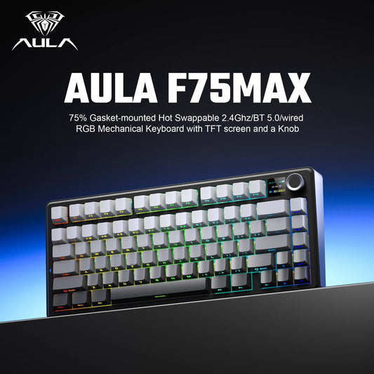 AULA F75 Max 75% Wireless Mechanical Creamy Gaming Keyboard, TFT Screen, 4000mAh, Hot Swappable Switches, RGB, Tri-Mode - Black Gradient