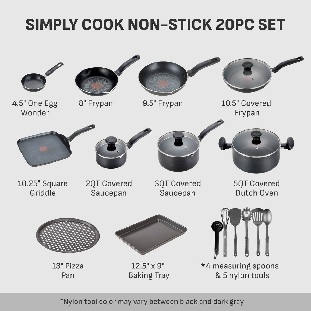T-fal 20pc Simply Cook Nonstick Cookware Set Black