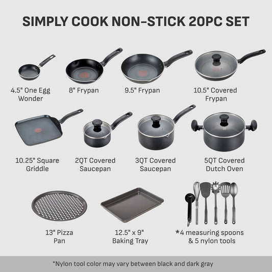 T-fal 20pc Simply Cook Nonstick Cookware Set Black