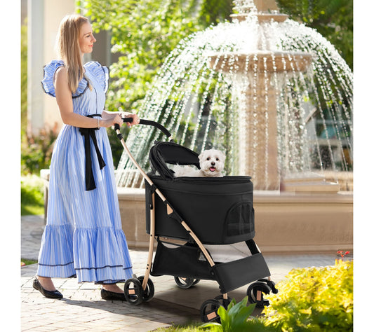 Costway Petsite 3-In-1 Pet Stroller with Removable Car Seat Carrier 4-Level Adjustable Canopy Black & Rose Gold