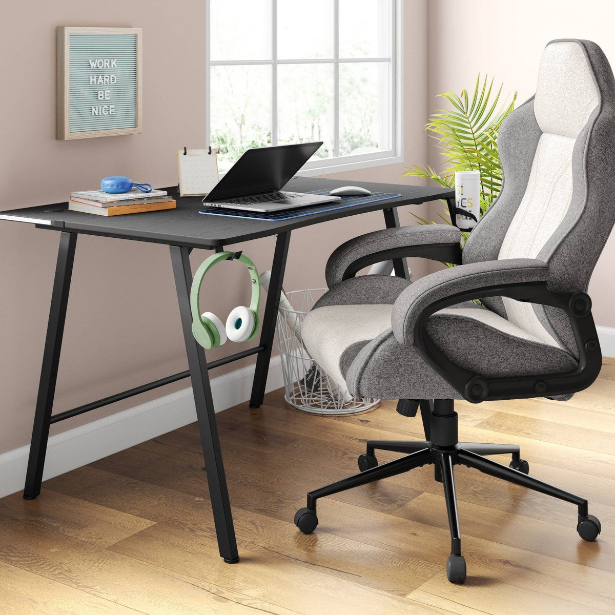 Gaming Desk with LED Lights and Headphone Holder Black - Room Essentials™