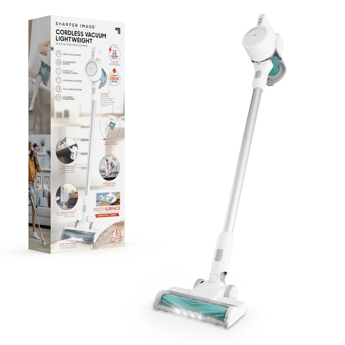Sharper Image Cordless Vacuum Lightweight Stick and Handheld Combo White