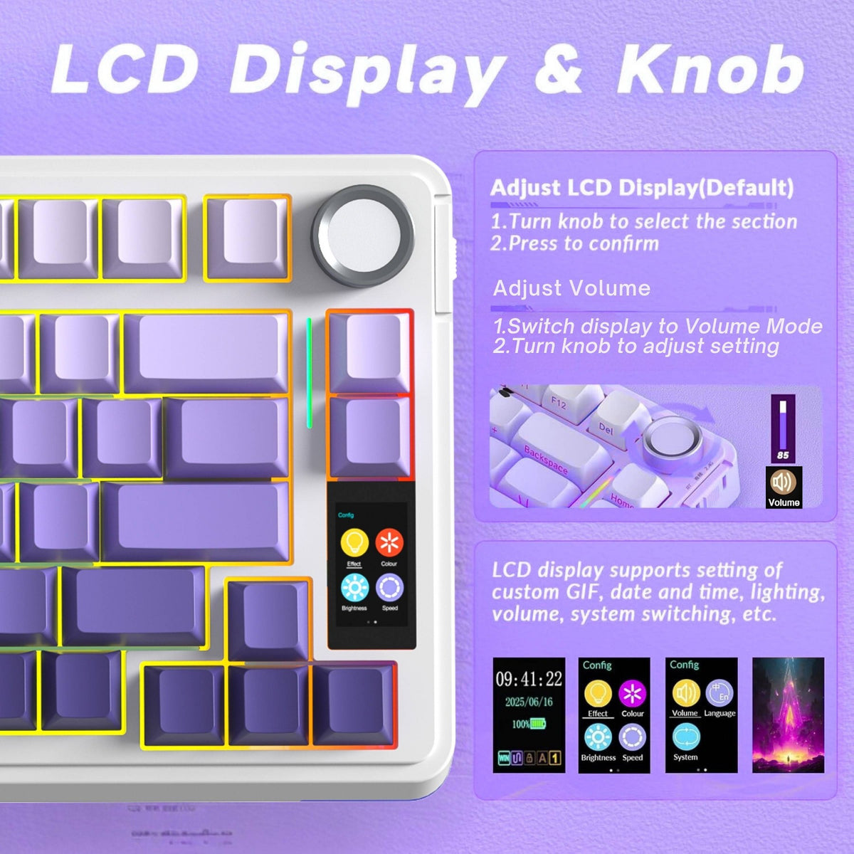 AULA S75Pro 75% Wireless Mechanical Gaming Keyboard TFT Screen Tri Connect Creamy HotSwap RGB - Purple