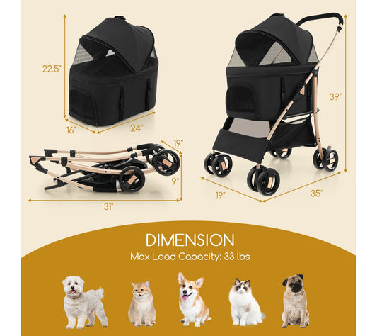 Costway Petsite 3-In-1 Pet Stroller with Removable Car Seat Carrier 4-Level Adjustable Canopy Black & Rose Gold