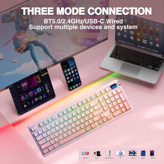 AULA NOVA 99 96% Wireless Mechanical Gaming Keyboard Hot Swap RGB TFT Screen NumPad Tri-Connect - Pink
